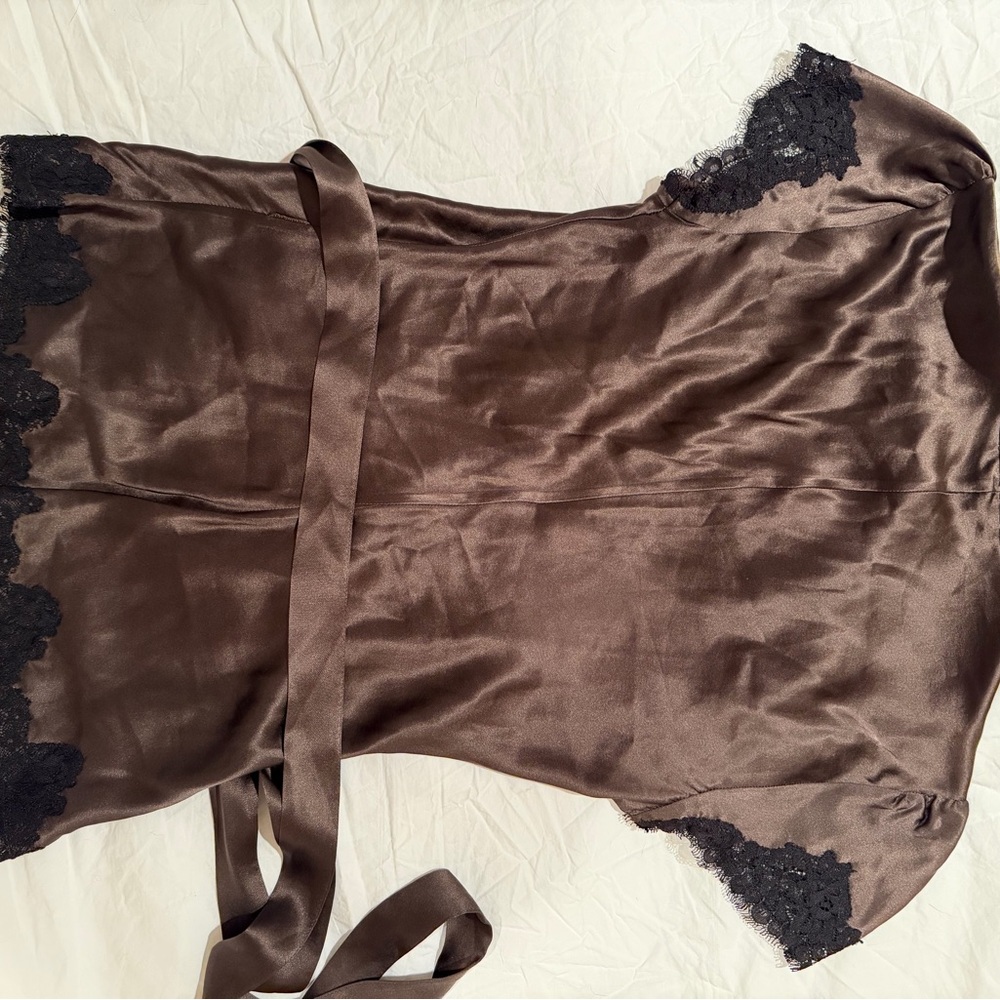 Vintage Silky Chocolate Brown Lace-Trim Wrap Top Y2K - Picture 5 of 6